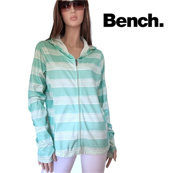 Bench Jacket Coat Sweater Hoodie Aqua Stripe Fitness Activewear Full Zip Front - Picture 1 of 14